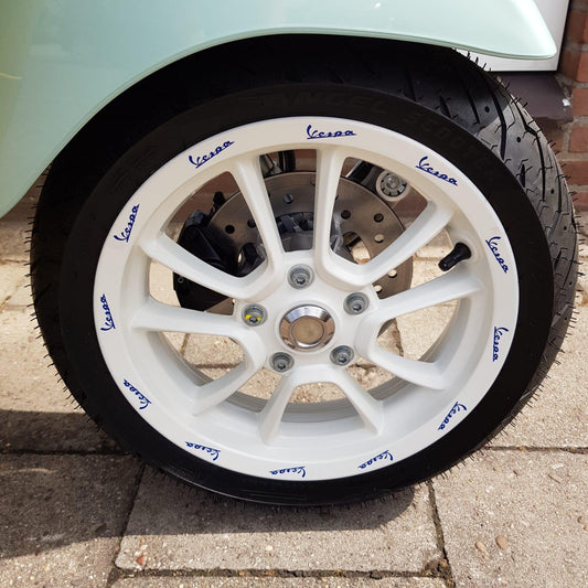 Aufkleber-Set Piaggio Original Felge komplett v+a vorne/hinten 12 Zoll weiß/blau Primavera 50/125/150, Sprint 50/125/150…