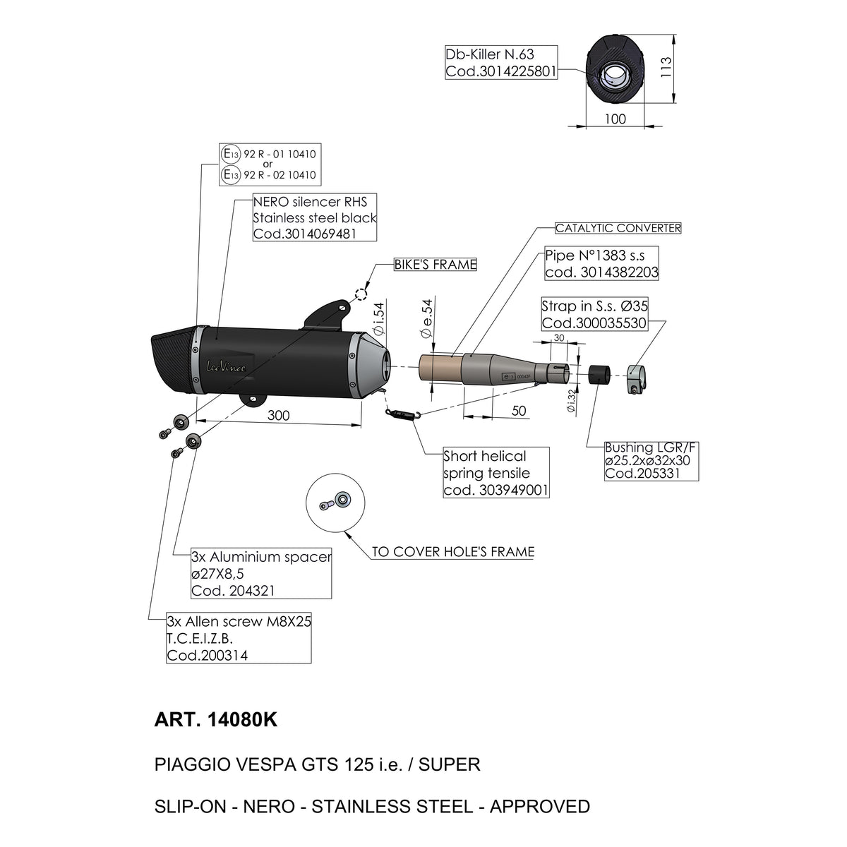 Endschalldämpfer LeoVince NERO mit Katalysator & Zulassung, Edelstahl schwarz, Carbon Kappe für Vespa GTS / Super 125 i.e. Bj. 2021 - 2024 E5